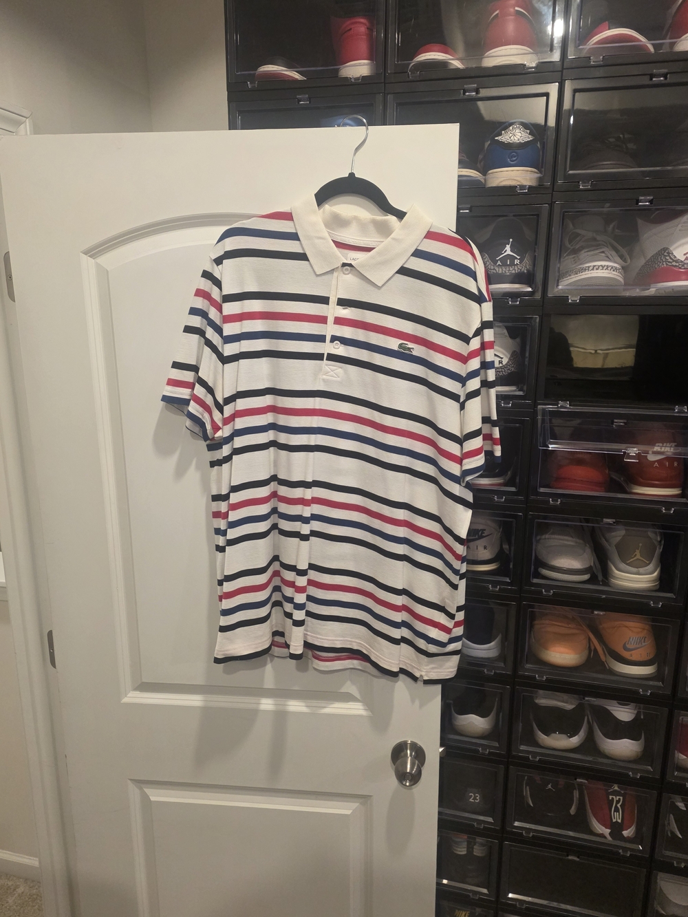 Lacoste White Polo with Red and Navy Stripes